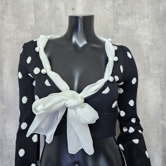 Beulah Polka Dot Bow Front Knit Crop Top Sweater Coquette Balletcore Kpop Lolita - Picture 4 of 9